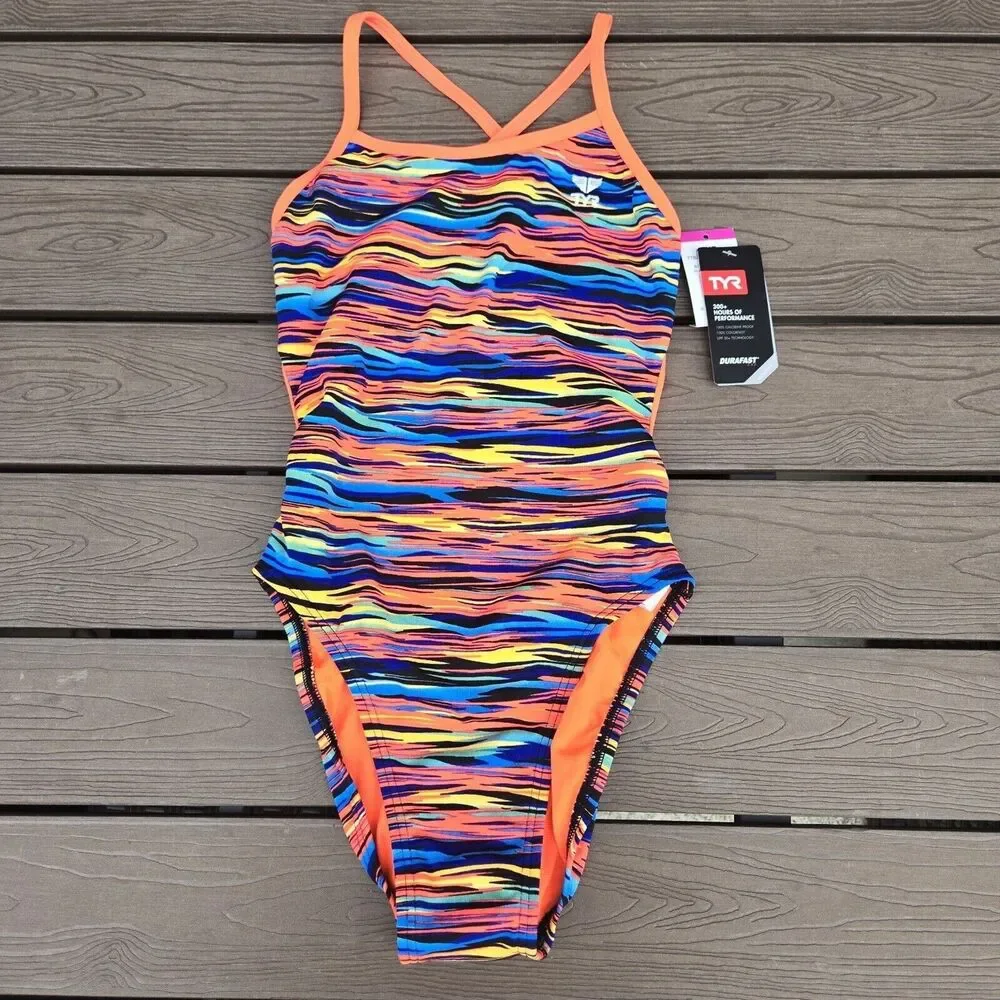 TYR DuraFast One Bonzai Trinityfit 1 pc Swimsuit Orange Multi Size 34 New